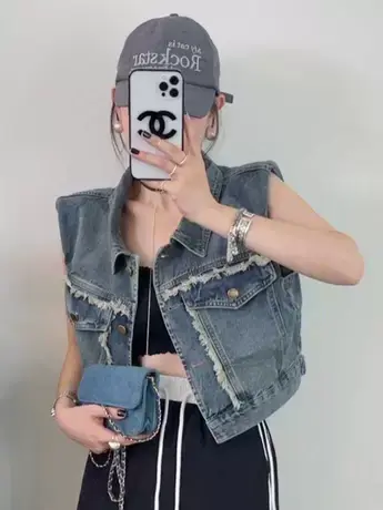 牛仔马甲外套女港风复古设计毛边短款夏季新款无袖翻领马夹上衣潮商品大图