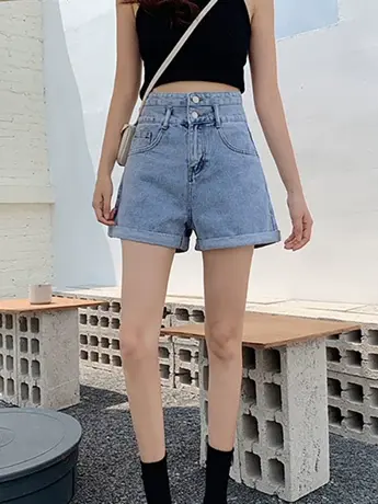 清仓捡漏2023年双排扣高腰牛仔短裤女夏季显瘦网红a字阔腿裤子潮商品大图