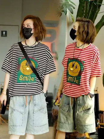 时尚洋气欧货两件套装女夏款宽松条纹印花短袖T恤+水洗牛仔短裤潮商品大图