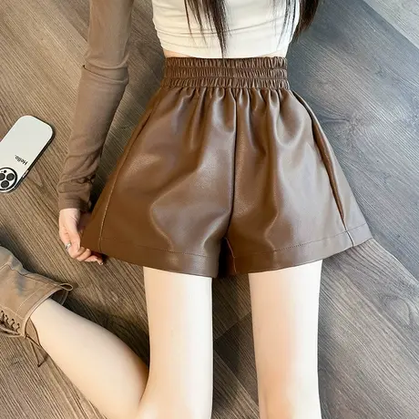 高腰pu外穿皮短裤女2023秋冬季新款宽松显瘦百搭时尚阔腿休闲靴裤商品大图