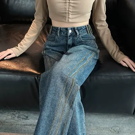 复古阔腿牛仔裤女春秋2023新款高腰宽松显瘦直筒垂感窄版拖地裤子商品大图