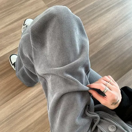 灰色灯芯绒休闲阔腿裤女秋冬新款高腰显瘦直筒裤雪尼尔窄版拖地裤商品大图