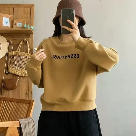 dza 复古铆钉加绒卫衣女秋冬新款宽松长袖上衣休闲套头长袖短外套图片