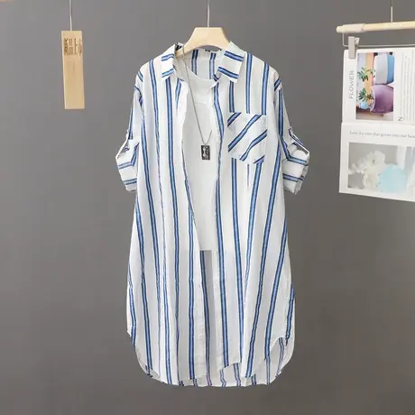 蓝色条纹轻薄透气防晒衫外搭衬衫女中长款宽松紫外线外套开衫衬衣图片