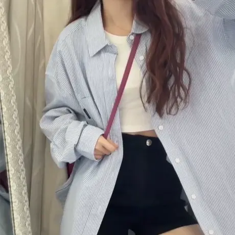 条纹长袖衬衫女春秋装宽松百搭显瘦chic复古港味防晒衬衣外套上衣图片