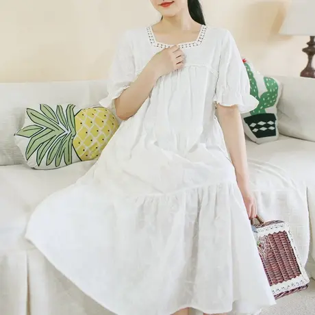 夏新品法式方领短袖连衣裙大码纯棉宽松显瘦公主裙商品大图