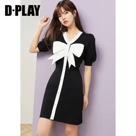 DPLAY春新复古黑色V领泡泡袖蝴蝶结针织连衣裙图片