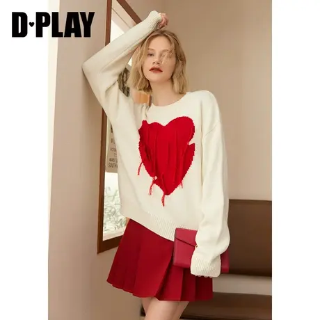 DPLAY秋装新INS风时尚落肩撞色爱心提花毛衫宽松短款针织衫图片