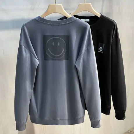 春季男士圆领卫衣笑脸印花打底衫2023新款长袖T恤潮流韩版上衣商品大图
