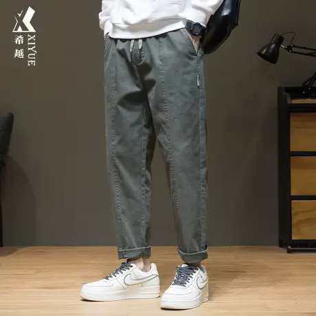 春秋灰绿色纯棉休闲裤男新款宽松大码版锥形裤子小脚工装九分男裤商品大图