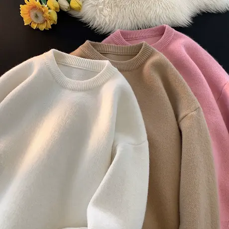 圆领毛衣男2023秋冬款纯色长袖休闲内搭青少年情侣宽松潮流上衣服商品大图