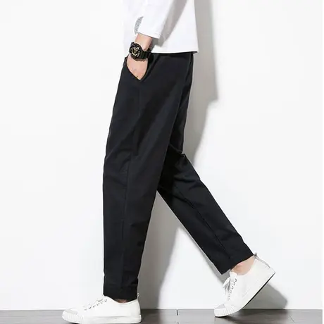 9分裤夏季男士休闲裤大码纯色简约纯棉裤子潮流直筒小脚男装中裤图片