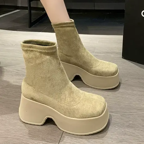 欧洲站增高8cm瘦瘦靴女2023秋季新款小个子厚底复古方头弹力短靴图片