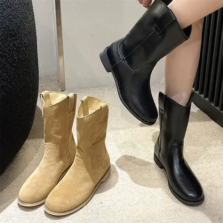 永希靴子2023新款爆款秋季粗跟小短靴胖mm粗腿大筒围时装马丁单靴商品大图