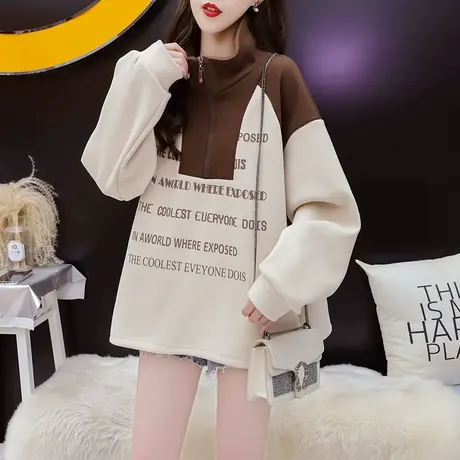 加绒加厚立领卫衣外套女2024新款春季爆款洋气宽松慵懒风百搭上衣商品大图