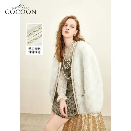 missCOCOON千金玛德琳2023冬装新款女银丝提花重工颗粒毛皮草外套商品大图