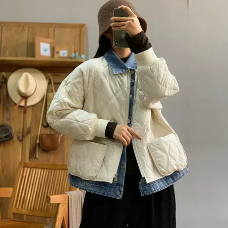 dza 复古牛仔领拼接菱格棉衣外套女冬加厚宽松假两件棉服棉袄上衣商品大图