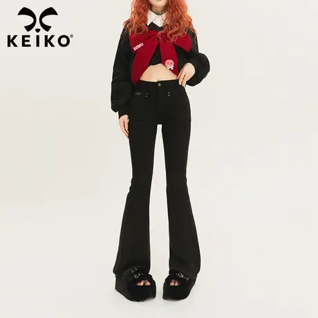 KEIKO 黑色加绒微喇叭牛仔裤女春季复古修身显瘦高腰马蹄拖地裤子商品大图