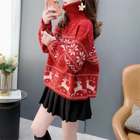 红色复古圣诞半拉链毛衣女秋冬2023年新款宽松洋气短款针织衫上衣商品大图