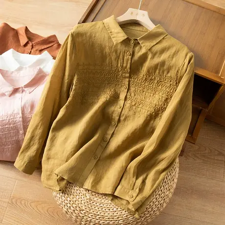 享永子苎麻衬衫女文艺复古棉麻上衣宽松显瘦刺绣百搭2023春季新款图片