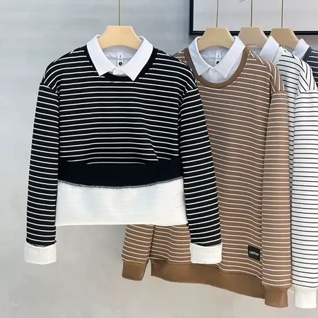 加绒加厚男士假两件卫衣秋冬季长袖T恤衬衫领宽松上衣休闲打底衫商品大图