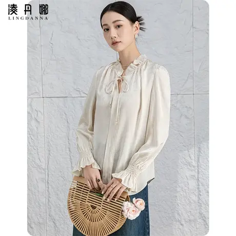 香槟色新中式女装中国风提花上衣女2024新款泡泡袖衬衫高级感衬衣图片