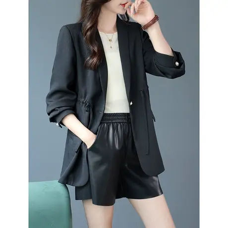 宝诗黎一粒扣抽绳收腰棉质西装外套女2023春秋季新款气质宽松上衣图片