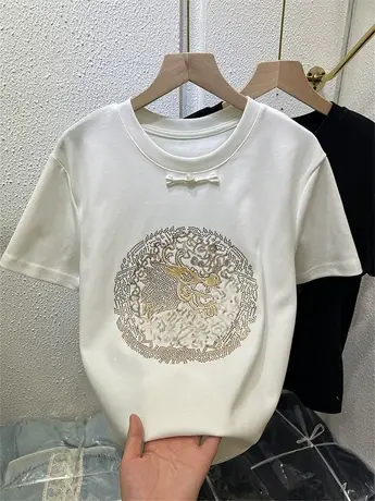 韩版2024年早春新款内搭高级感洋气百搭国风盘扣金龙款半袖T恤女商品大图