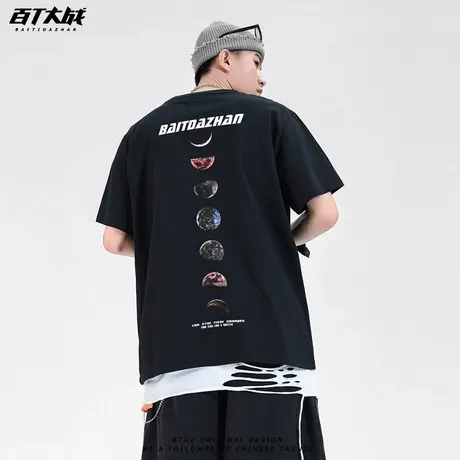 2023春季新款星球印花圆领t恤男潮牌OVERSIZE宽松纯棉情侣上衣商品大图