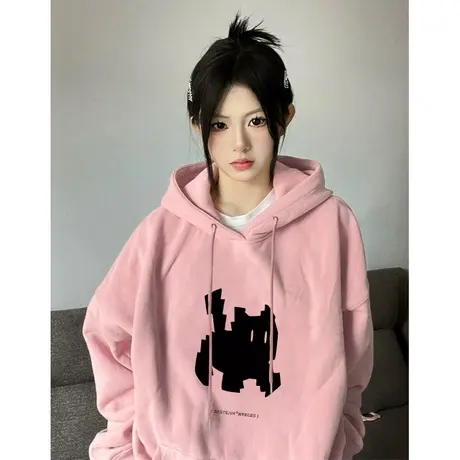 粉色连帽卫衣女春秋薄款小众设计感美式复古潮牌宽松oversize外套图片