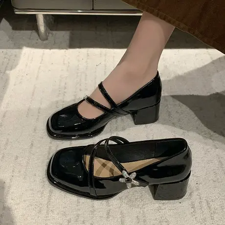 复古方头玛丽珍鞋女2024年新款英伦风粗跟小皮鞋一字扣浅口单鞋潮商品大图