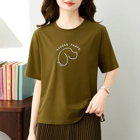 重工刺绣纯棉短袖t恤女2024年夏装新款时尚百搭上衣遮肉显瘦体恤商品大图