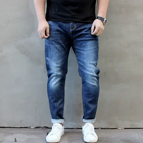 春新款特大号潮胖弹力修身小脚加肥加大码男士牛仔裤长裤商品大图