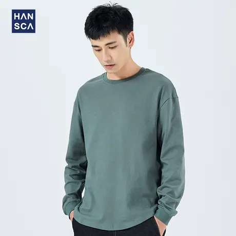汉斯卡 日系重磅长袖t恤男纯棉宽松纯色白色卫衣圆领厚实打底衫潮商品大图