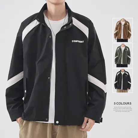 hansca春秋新款工装外套男日系宽松撞色拼接翻领防风防水休闲夹克商品大图