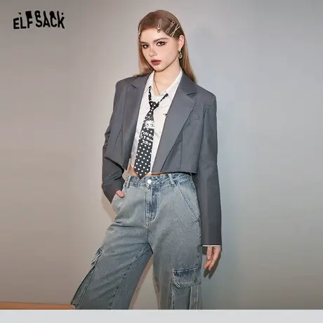 妖精的口袋短款灰色西装外套女2024早春新款休闲小个子气质小西服图片