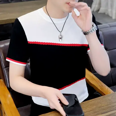 拼接撞色不规则个性设计感几何提花夏装短袖男潮牌ins冰丝针织t恤商品大图