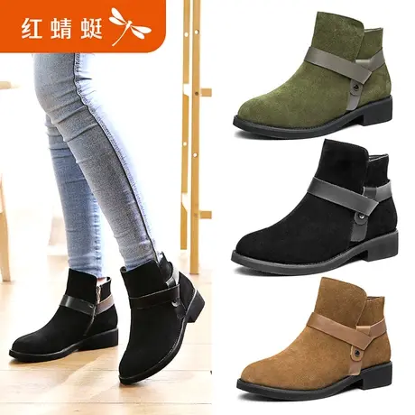 红蜻蜓女鞋冬季新款圆头中跟粗跟女短靴短筒单靴磨砂裸靴女士棉鞋商品大图