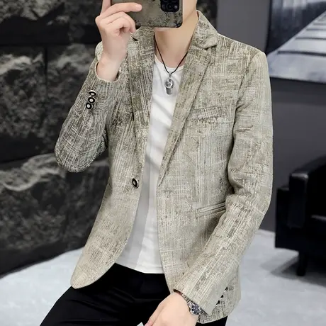 春秋季高级感金欧绒休闲西服男士时尚烫金小西装男装潮流轻奢外套商品大图