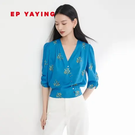 [真丝系列]EP雅莹女装 国风印花交襟收腰衬衫23秋冬新款2305A图片
