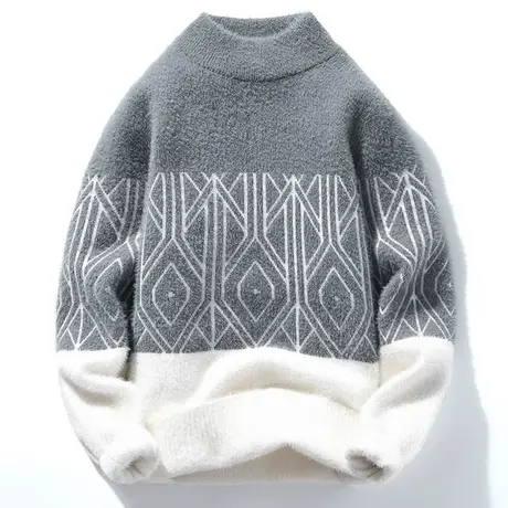 秋冬季水貂绒毛衣男士圆领针织衫加厚潮流加绒学生内搭上衣打底衫商品大图