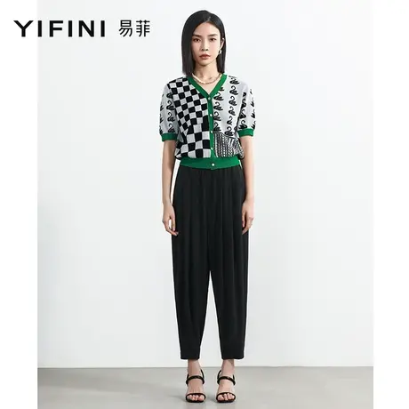 Yifini/易菲宽松梨形身材休闲裤女2023夏季新款三醋酸小脚九分裤商品大图