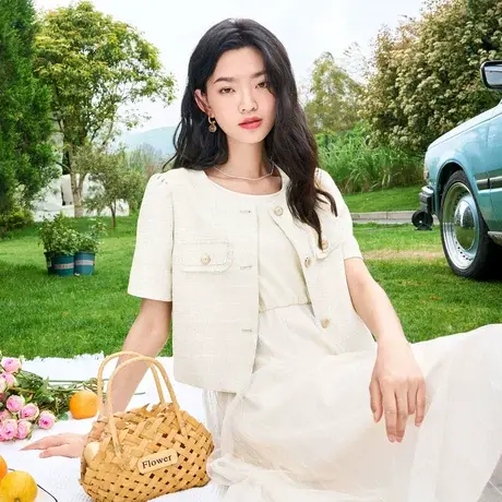 时尚气质小香风短袖外套2023年夏季新款淑女温柔圆领显瘦通勤上衣商品大图