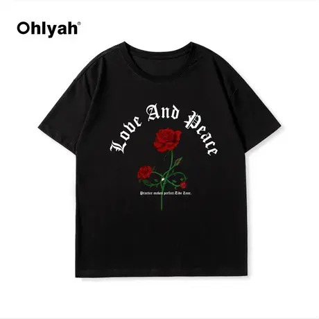 Ohlyah高街小众复古玫瑰花vintage半袖夏季男女情侣装宽松短袖T恤商品大图