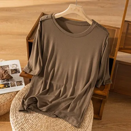 棉质中袖T恤纯色宽松休闲上衣文艺复古百搭打底衫女2022秋季新款图片