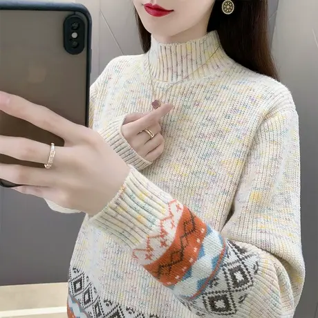 2023秋冬新款加厚半高领毛衣女套头宽松外穿洋气长袖针织衫上衣女商品大图