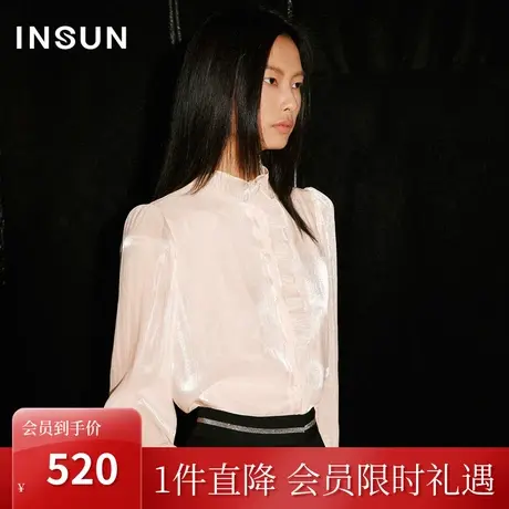 [鎏金系列]恩裳COVER2023秋新款立领泡泡袖不对称褶皱荷叶边衬衫图片