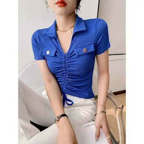 时尚抽绳短款t恤女短袖ins潮紧身高腰V领小衫百搭洋气上衣设计感商品大图