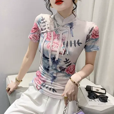 设计感盘扣短袖上衣女复古印花立领T恤夏装中国风修身网纱小衫ins商品大图