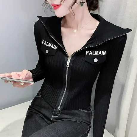 时尚拉链翻领T恤开衫外穿修身短款外套女秋冬设计感小众长袖上衣图片